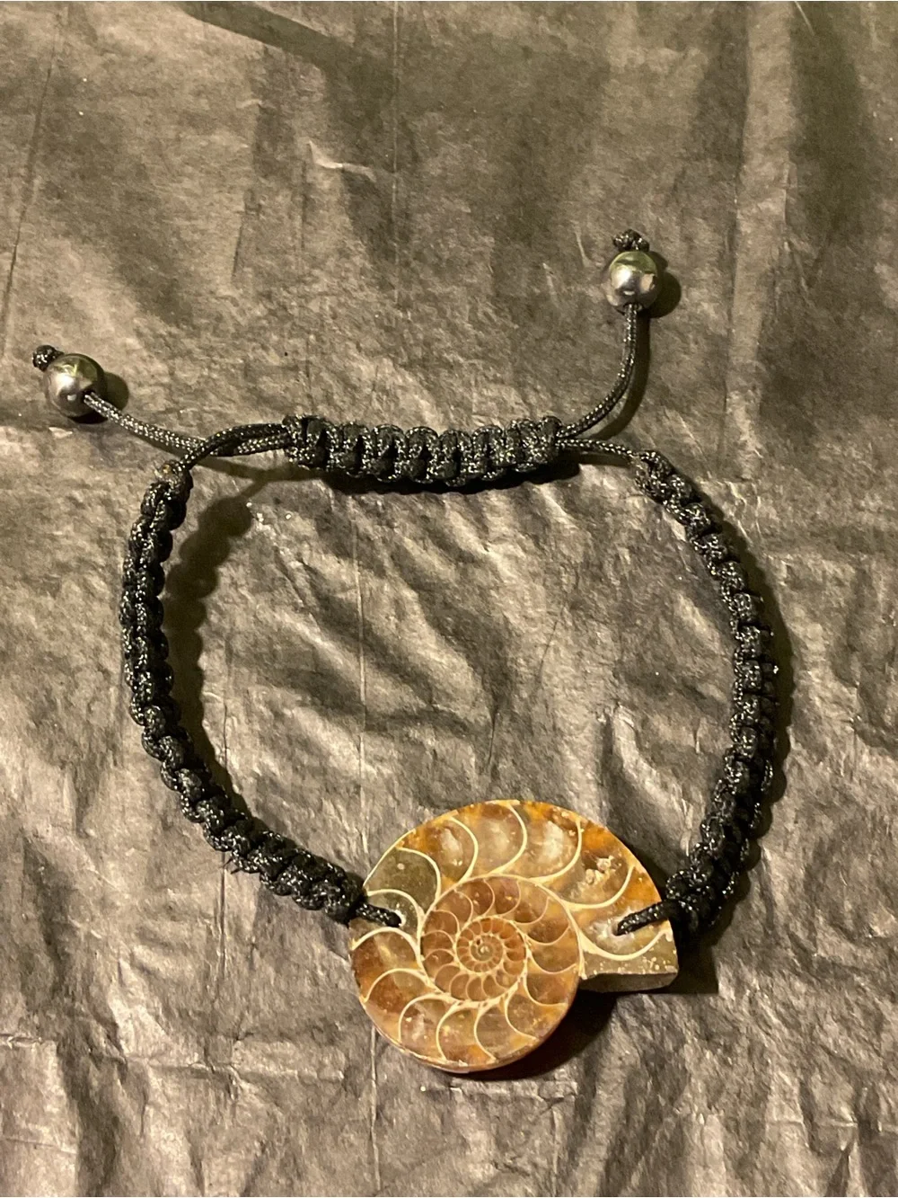 Handmade Black Macrame Bracelet with Brown Fossil Stone Pendant-Unisex